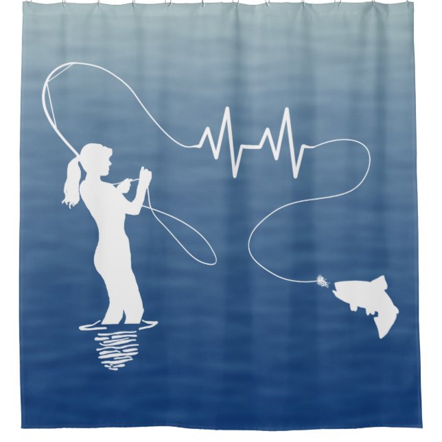 Fly Fishing Woman Fishing Heartbeat Shower Curtain (Front)