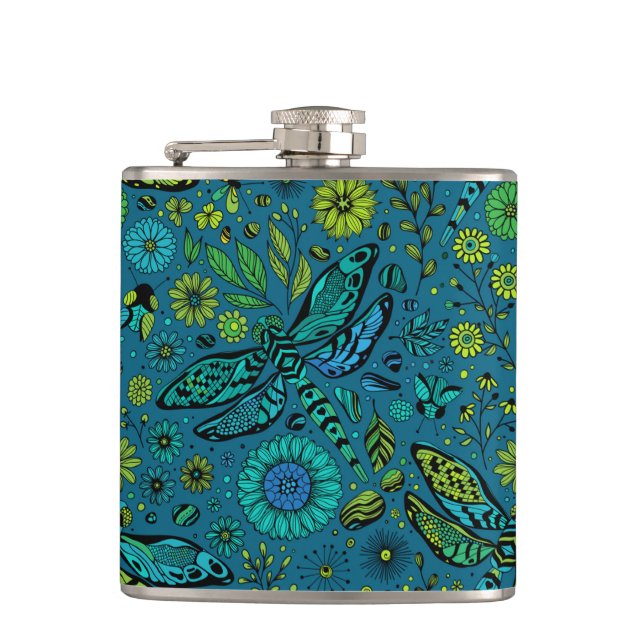 Fly, fly dragonfly on blue hip flask (Front)