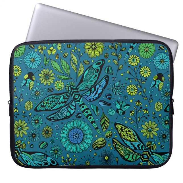 Fly, fly dragonfly on blue laptop sleeve (Front)