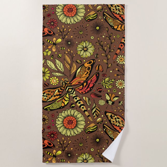 Fly, fly dragonfly on cinnamon brown beach towel (Front)