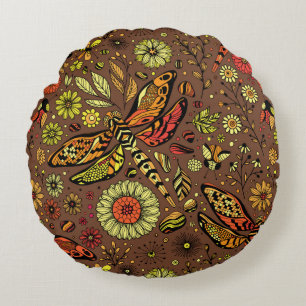 Fly, fly dragonfly on cinnamon brown round cushion