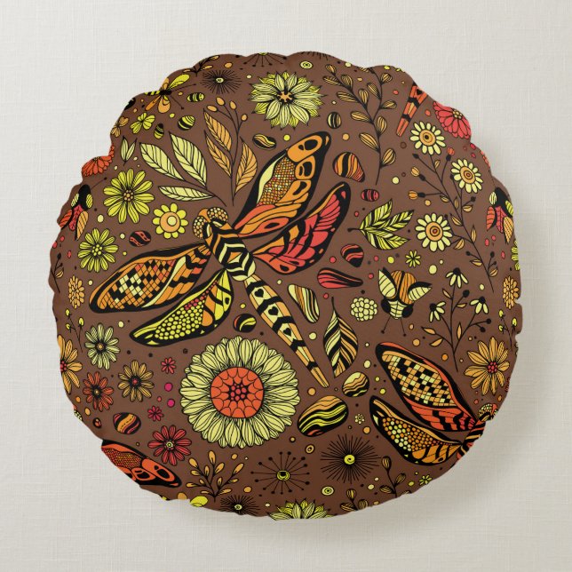 Fly, fly dragonfly on cinnamon brown round cushion (Front)
