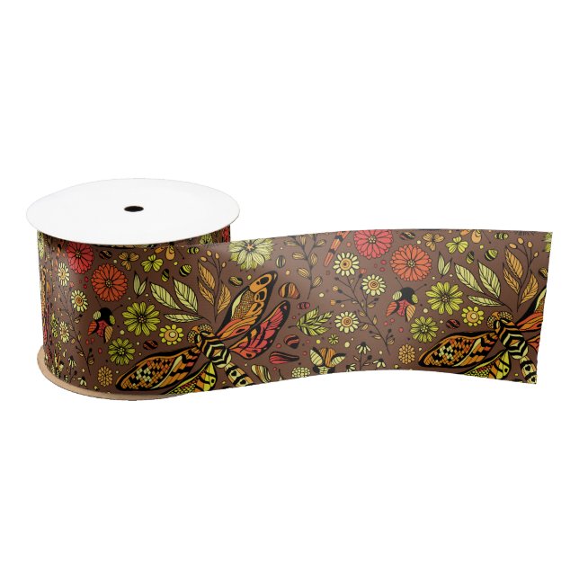 Fly, fly dragonfly on cinnamon brown satin ribbon (Spool)