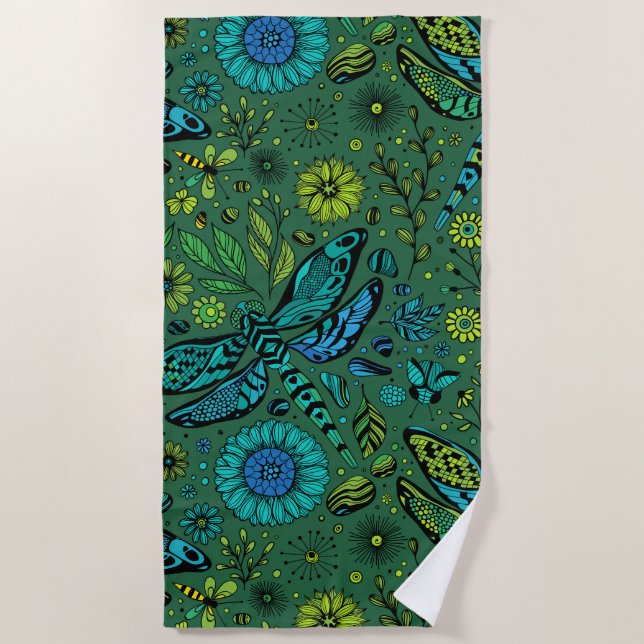 Fly, fly dragonfly on emerald green beach towel (Front)