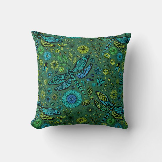 Fly, fly dragonfly on emerald green cushion (Front)