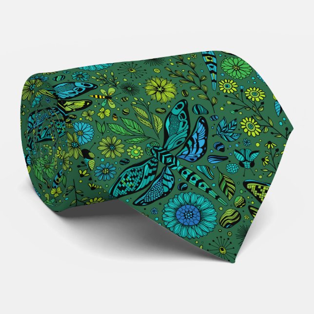 Fly, fly dragonfly on emerald green tie (Rolled)