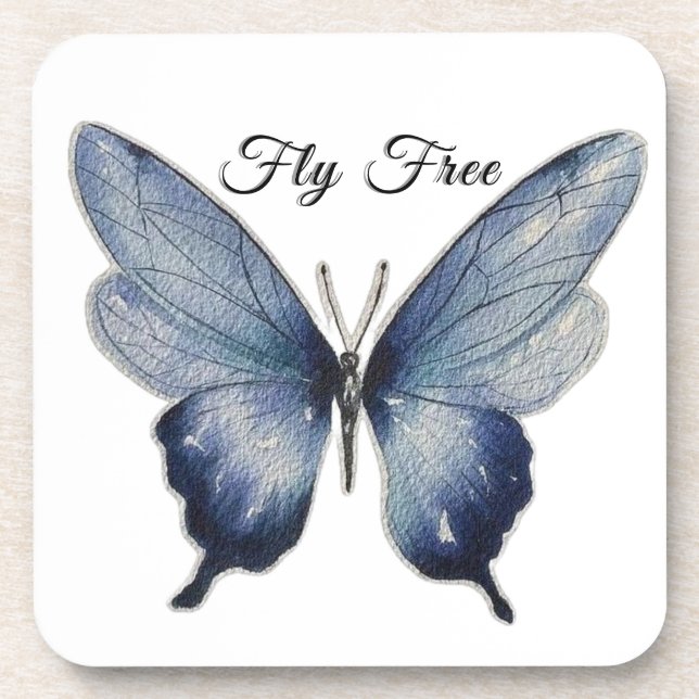Fly Free – Blue Butterfly Art Design Coaster (Front)