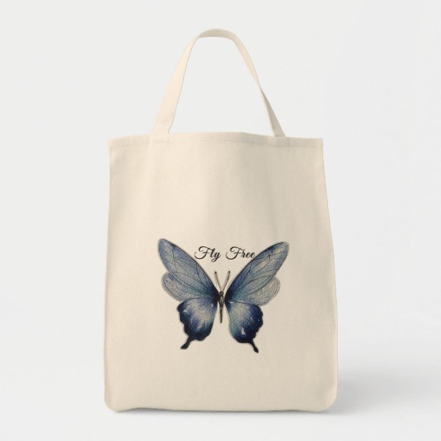 Fly Free – Blue Butterfly Art Design Tote Bag (Front)