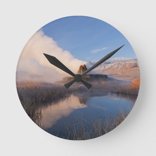 Fly Geyser with snow capped Granite Range Round Clock (Front)