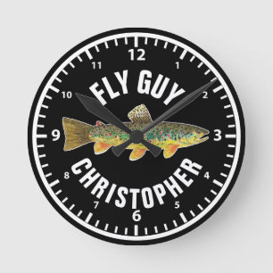 FLY GUY Brown Trout Fishing Personalise Fisherman Round Clock