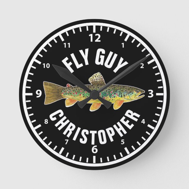 FLY GUY Brown Trout Fishing Personalise Fisherman Round Clock (Front)