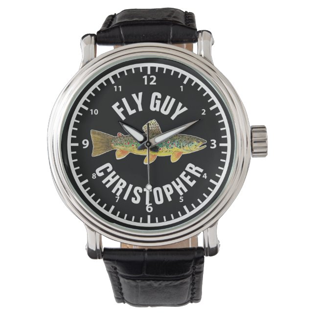 FLY GUY Brown Trout Fishing Personalise Fisherman Watch (Front)