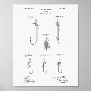 Fly Hook 1923 Patent Art White Paper Poster