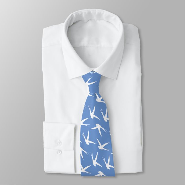 Fly Like a Bird Blue and White Swallow Pattern Tie (Tied)