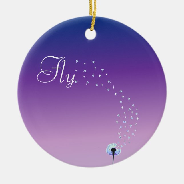 Fly little dandelion seed - Purple Ceramic Tree Decoration (Front)