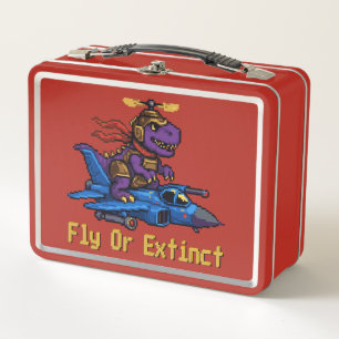 Fly Or Extinct Pixel Art Dinosaur Pilot Fighter Je Metal Lunch Box