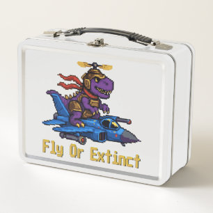 Fly Or Extinct Pixel Art Dinosaur Pilot Fighter Je Metal Lunch Box
