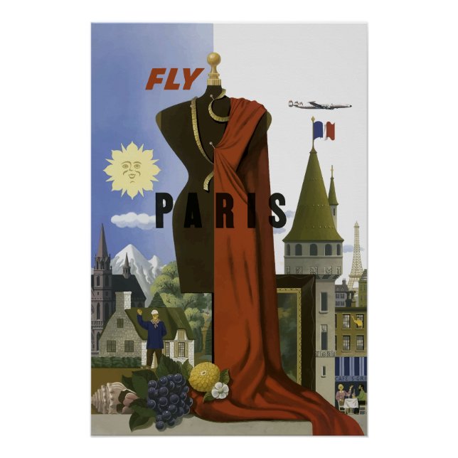 Fly Paris France Vintage Travel Poster (Front)