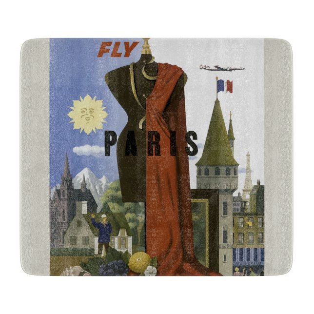 Fly Paris France Vintage Travel Poster Cutting Board (Front)