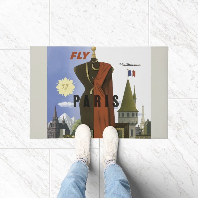 Fly Paris France Vintage Travel Poster Doormat (Indoor)