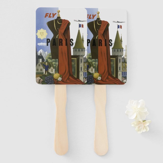 Fly Paris France Vintage Travel Poster Hand Fan (Front and Back)