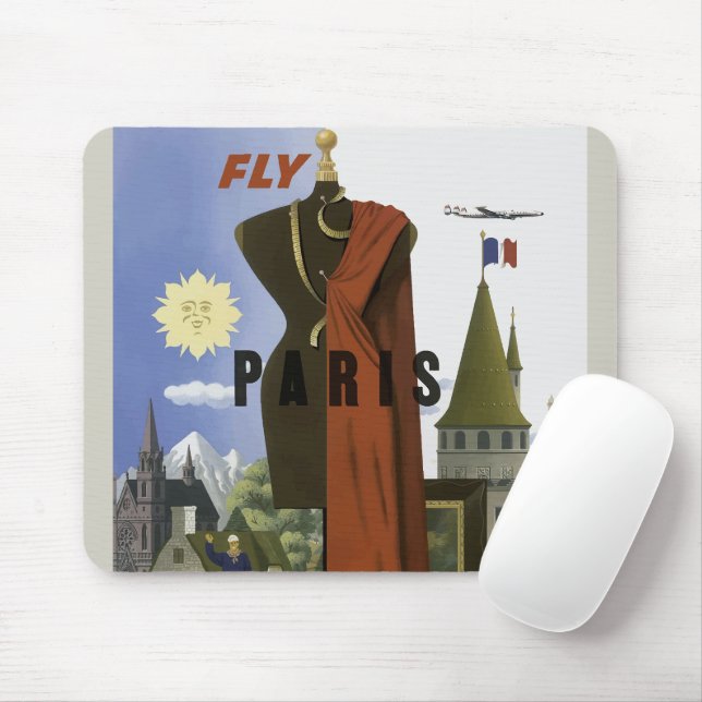 Fly Paris France Vintage Travel Poster Mouse Mat (With Mouse)