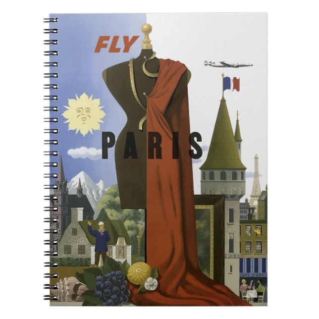 Fly Paris France Vintage Travel Poster Notebook (Front)