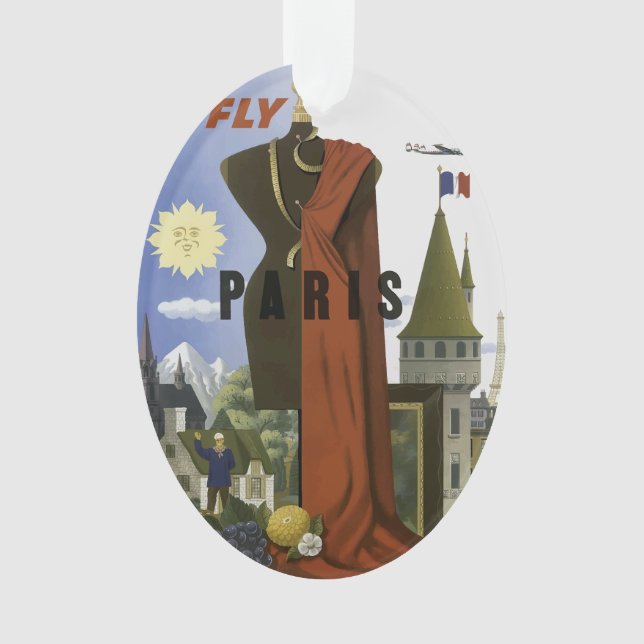 Fly Paris France Vintage Travel Poster Ornament (Front)