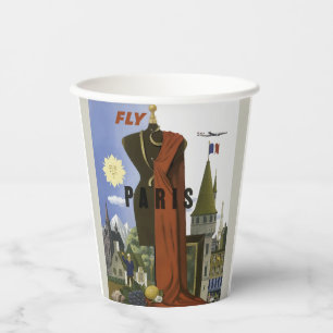 Fly Paris France Vintage Travel Poster Paper Cups