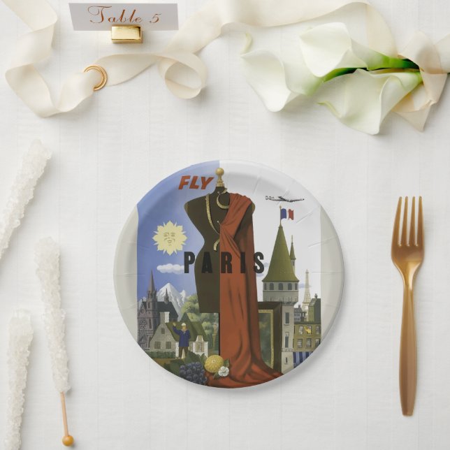 Fly Paris France Vintage Travel Poster Paper Plate (Wedding)