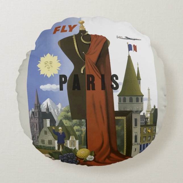 Fly Paris France Vintage Travel Poster Round Cushion (Front)