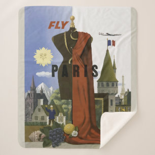Fly Paris France Vintage Travel Poster Sherpa Blanket