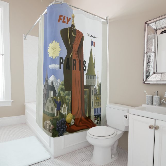 Fly Paris France Vintage Travel Poster Shower Curtain (In Situ)