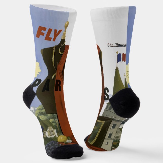 Fly Paris France Vintage Travel Poster Socks (Angled)