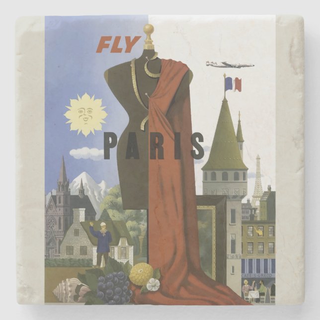 Fly Paris France Vintage Travel Poster Stone Coaster (Front)