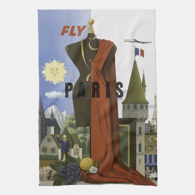 Fly Paris France Vintage Travel Poster Tea Towel (Vertical)