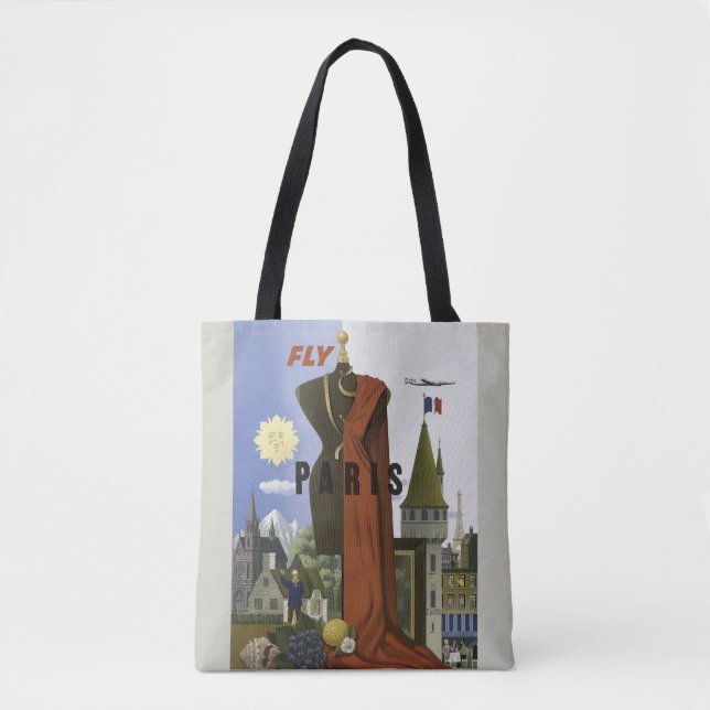 Fly Paris France Vintage Travel Poster Tote Bag (Front)
