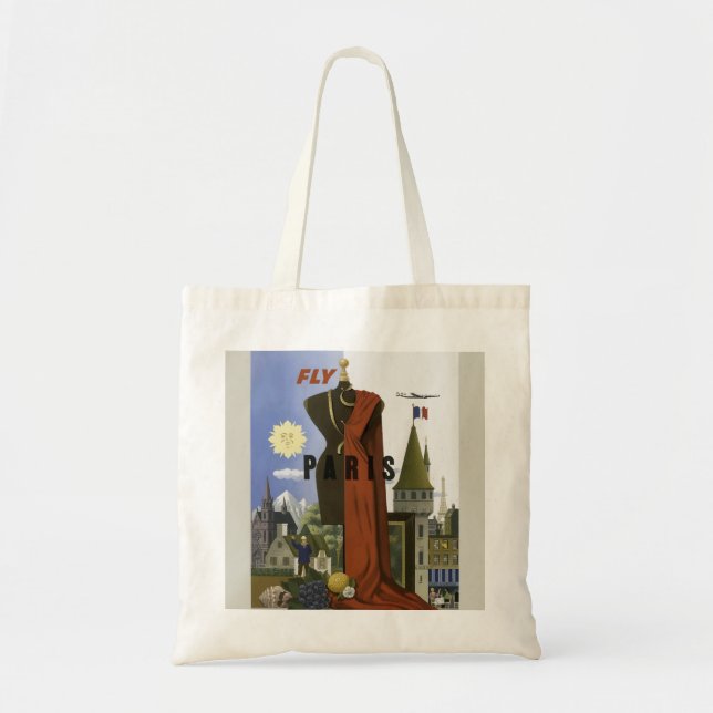 Fly Paris France Vintage Travel Poster Tote Bag (Front)