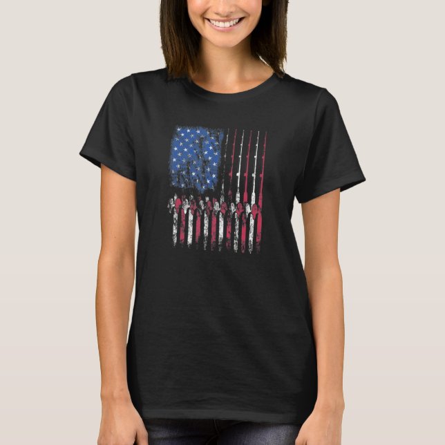 Fly Rod Fishing American Flag Funny Fisherman T-Shirt (Front)
