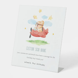 Fly Teddy Bear Animal Plane Birthday Custom Party Pedestal Sign