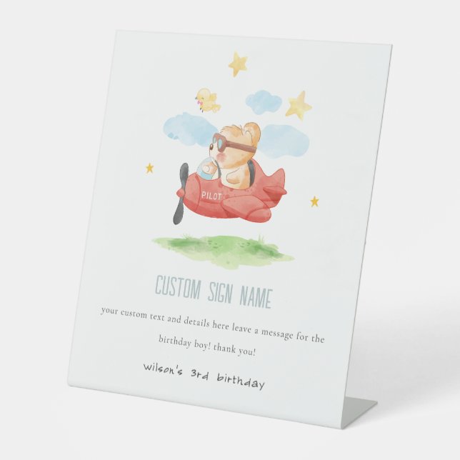 Fly Teddy Bear Animal Plane Birthday Custom Party Pedestal Sign (Front)