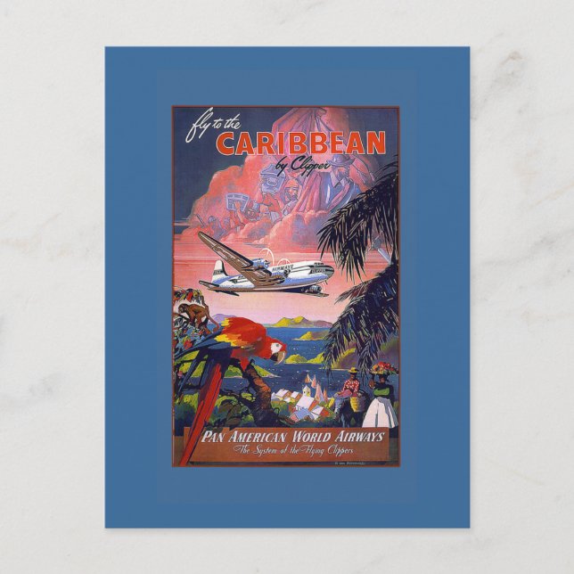 Fly the Caribbean Vintage Travel Poster on Cards (Front)