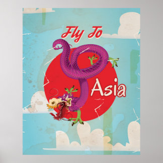 Fly to Asia Retro Travel Poster
