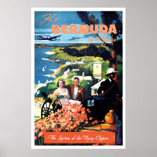 Fly to Bermuda Vintage Travel Poster