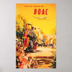 FLY TO INDIA by BOAC Tours Holidays Old Travel Poster