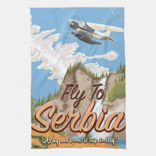Fly To Serbia Cartoon Travel poster Tea Towel