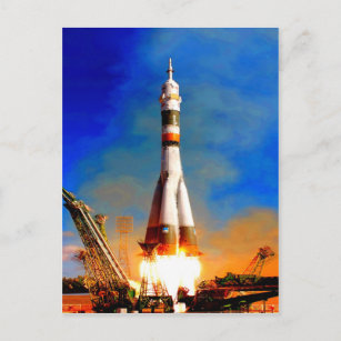 Fly to success rocket take off soyuz space travel postcard
