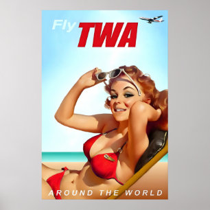 Fly TWA Trans World Airlines Stewardess Bikini Pin Poster
