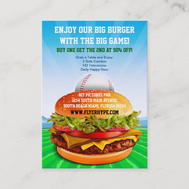 Flyer Hype Burger Cafe Sports Bar Baseball Food Business Card (Front)