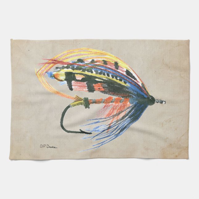 FlyFishing Lure Art Salmon Fly Lure Tea Towel (Horizontal)